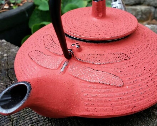 Red Cast Iron Teapot Tea Pot Dragonfly Vintage Asian Style Cool Heavy